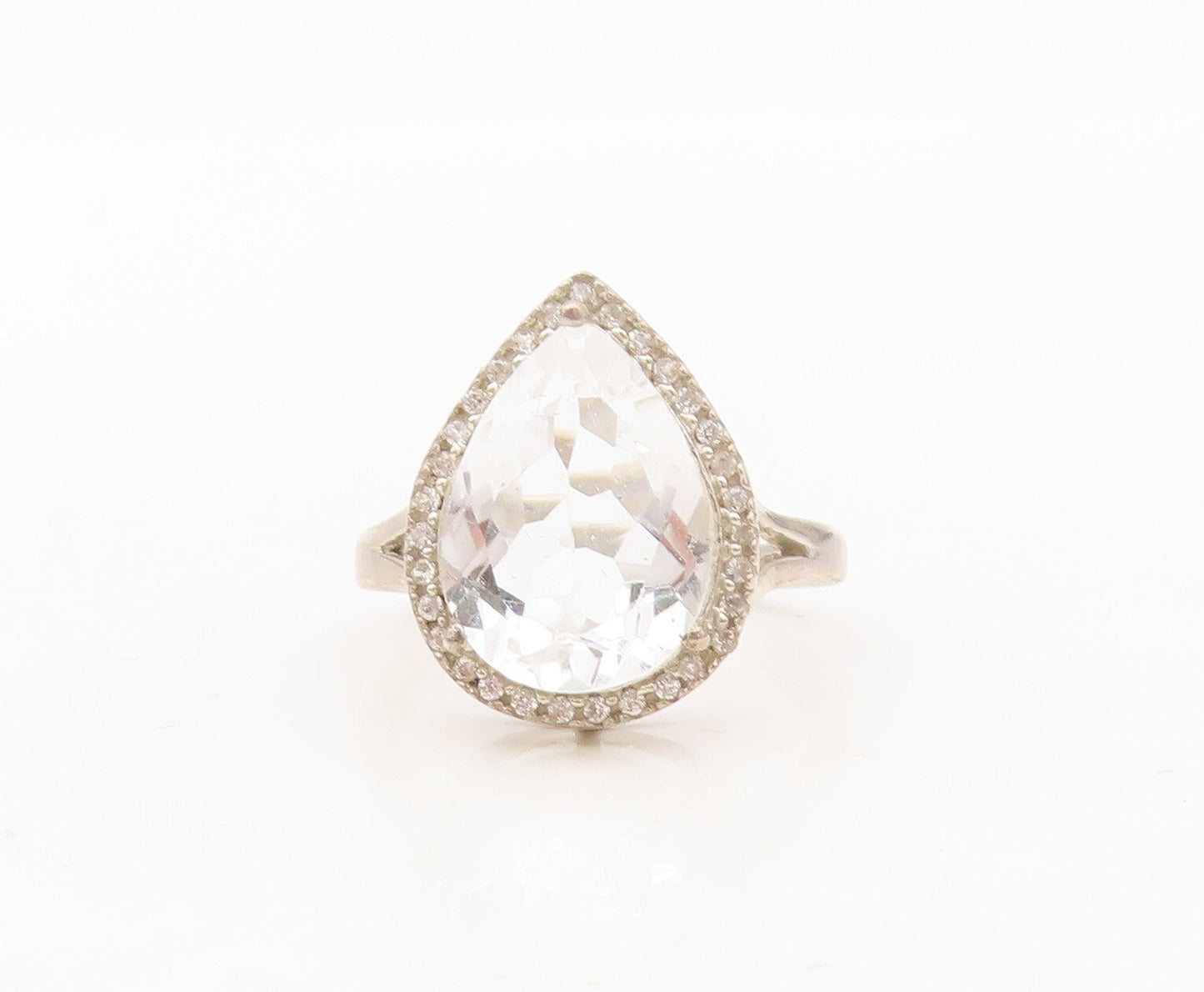 925 Sterling Silver Vintage Ring Drop Cut Halo Round Cut Topaz  Sz 7  RG30396