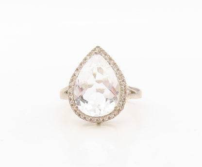 925 Sterling Silver Vintage Ring Drop Cut Halo Round Cut Topaz  Sz 7  RG30396
