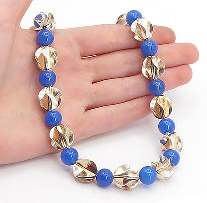 925 Sterling Silver  Vintage Blue Chalcedony Beaded Chain Necklace  NE1190