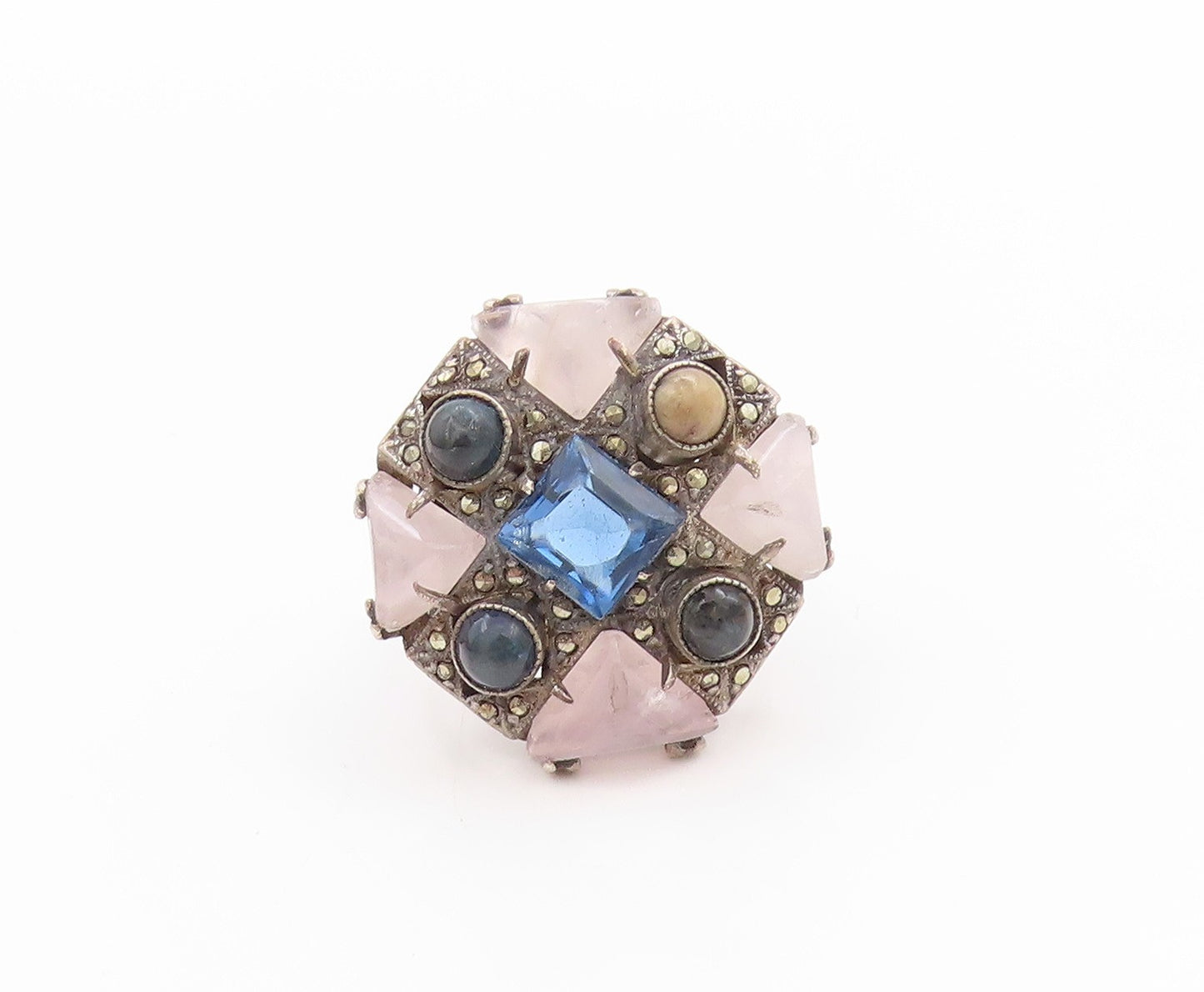 925 Sterling Silver Vintage Ring Geometric Multi Shaped Gemstones  Sz 8  RG33450