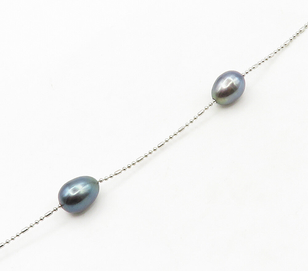 925 Sterling Silver  Smooth Blue Pearls Shiny Thin Chain Necklace  NE2666