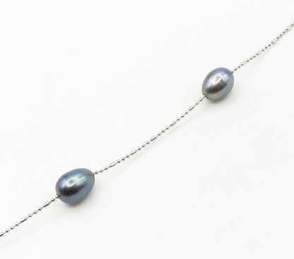 925 Sterling Silver  Smooth Blue Pearls Shiny Thin Chain Necklace  NE2666
