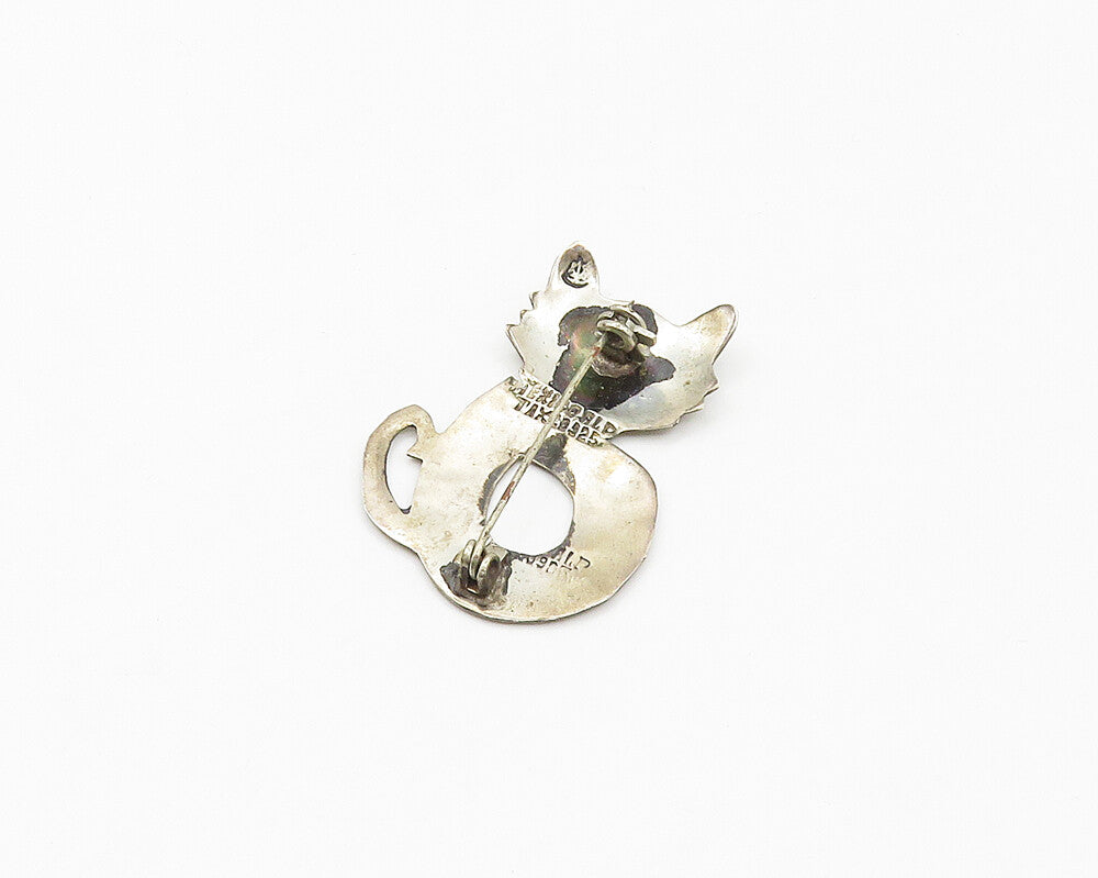 MEXICO 925 Sterling Silver  Vintage Abalone Shell Cat Motif Brooch Pin  BP6884