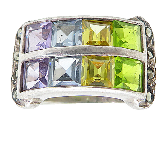 925 Sterling Silver Vintage Multi Color Topaz & Marcasite Band Ring Sz 4 RG6191
