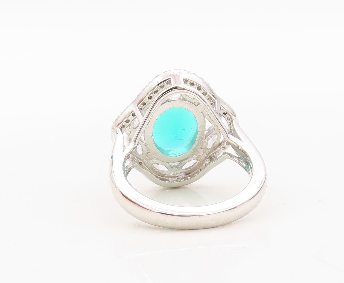 925 Sterling Silver Vintage Ring Oval Cut Sea Green CZ Flower  Sz 7.5  RG30485