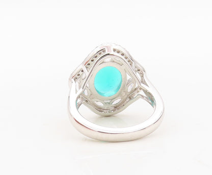 925 Sterling Silver Vintage Ring Oval Cut Sea Green CZ Flower  Sz 7.5  RG30485