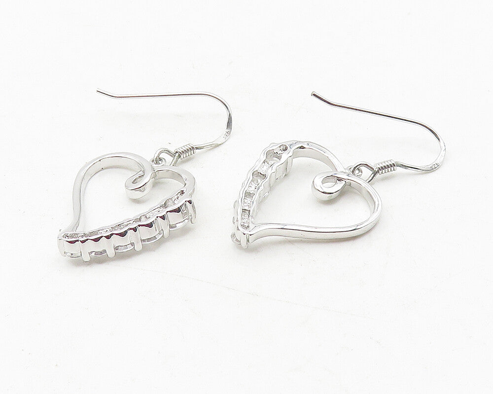 925 Sterling Silver  Shiny White Topaz Open Love Heart Dangle Earrings  EG6096