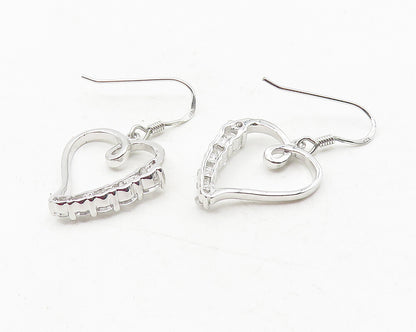 925 Sterling Silver  Shiny White Topaz Open Love Heart Dangle Earrings  EG6096