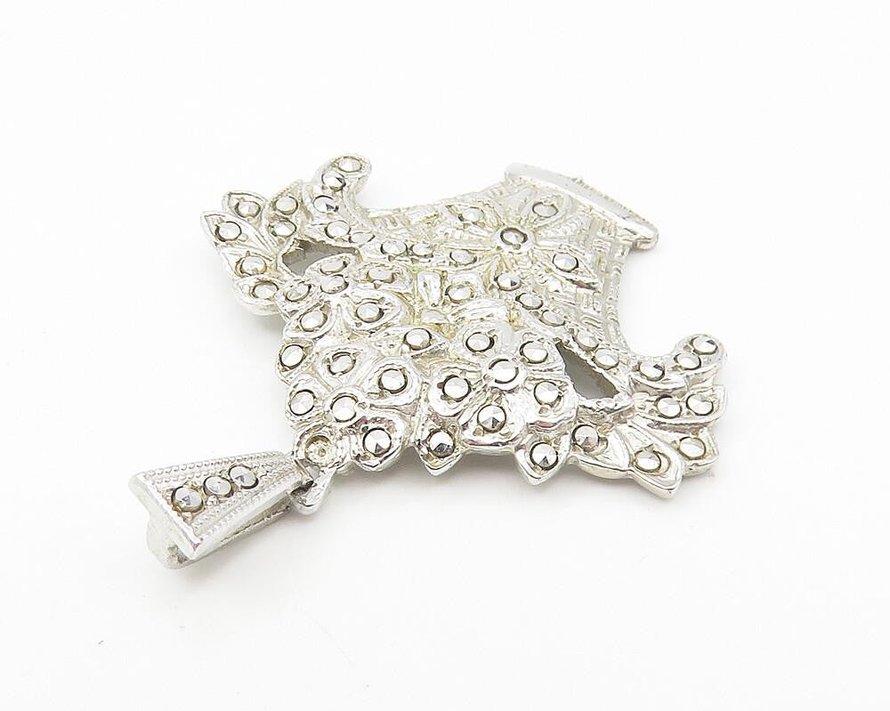 925 Sterling Silver  Vintage Sparkling Flower Basket Motif Pendant  PT9085