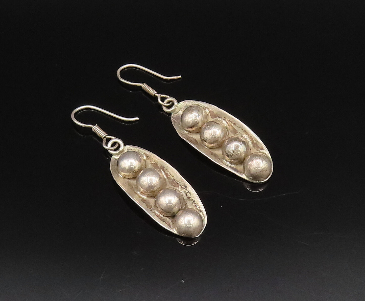 MEXICO 925 Sterling Silver Vintage Four Bead Leaf Ball Dangle Earrings EG12202