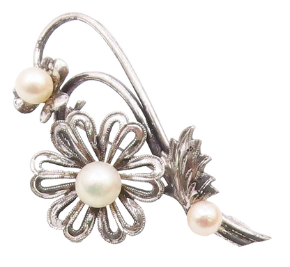 925 Sterling Silver  Vintage Cultured Pearls Flower Cutout Brooch Pin  BP9495