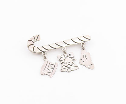 MEXICO 925 Sterling Silver  Vintage Candy Cane Christmas Brooch Pin  BP3836
