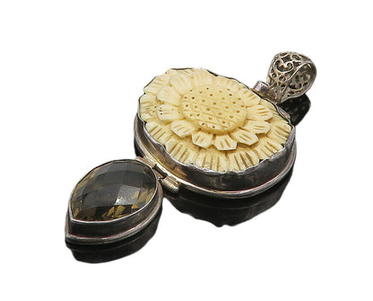 925 Sterling Silver  Vintage Smoky Topaz Carved Flower Motif Pendant  PT15031
