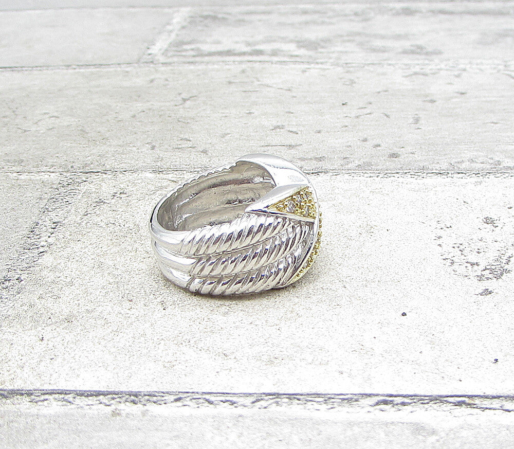 925 Silver Cubic Zirconia X Twisted Ropes 2 Tone Band Ring Sz 6 RG1947