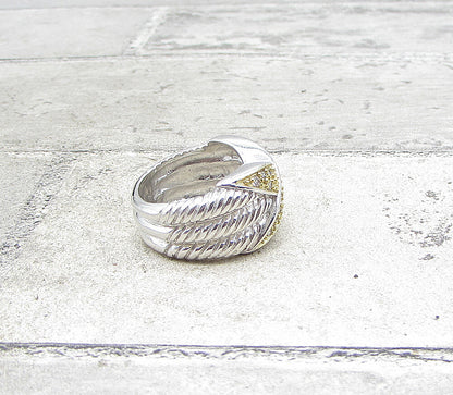 925 Silver Cubic Zirconia X Twisted Ropes 2 Tone Band Ring Sz 6 RG1947