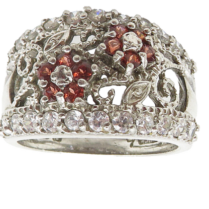 925 Sterling Silver  Shiny Red & White Topaz Floral Band Ring Sz 7  RG17050