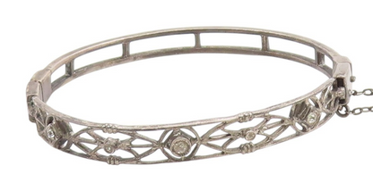 925 Sterling Silver Vintage Geometric Cutout Topaz Bangle Bracelet BT9383