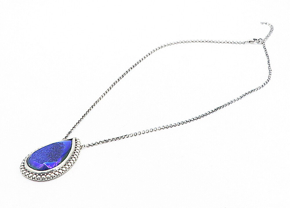 BERIA 925 Silver  Vintage Pear Shape Blue Druzy Stone Chain Necklace  NE1384