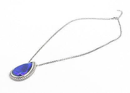 BERIA 925 Silver  Vintage Pear Shape Blue Druzy Stone Chain Necklace  NE1384