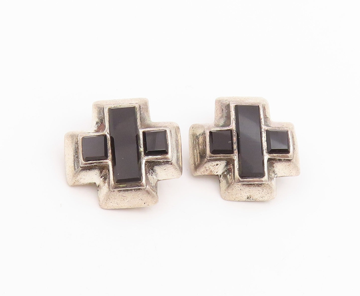 925 Sterling Silver Vintage Earrings Onyx Inlay Plus Sign Clip Back  EG13542