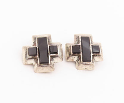 925 Sterling Silver Vintage Earrings Onyx Inlay Plus Sign Clip Back  EG13542