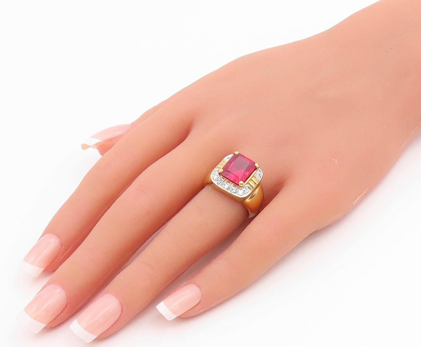 925 Sterling Silver Vintage Ring Gold Plated Ruby & Halo CZ Band  Sz 7  RG35384