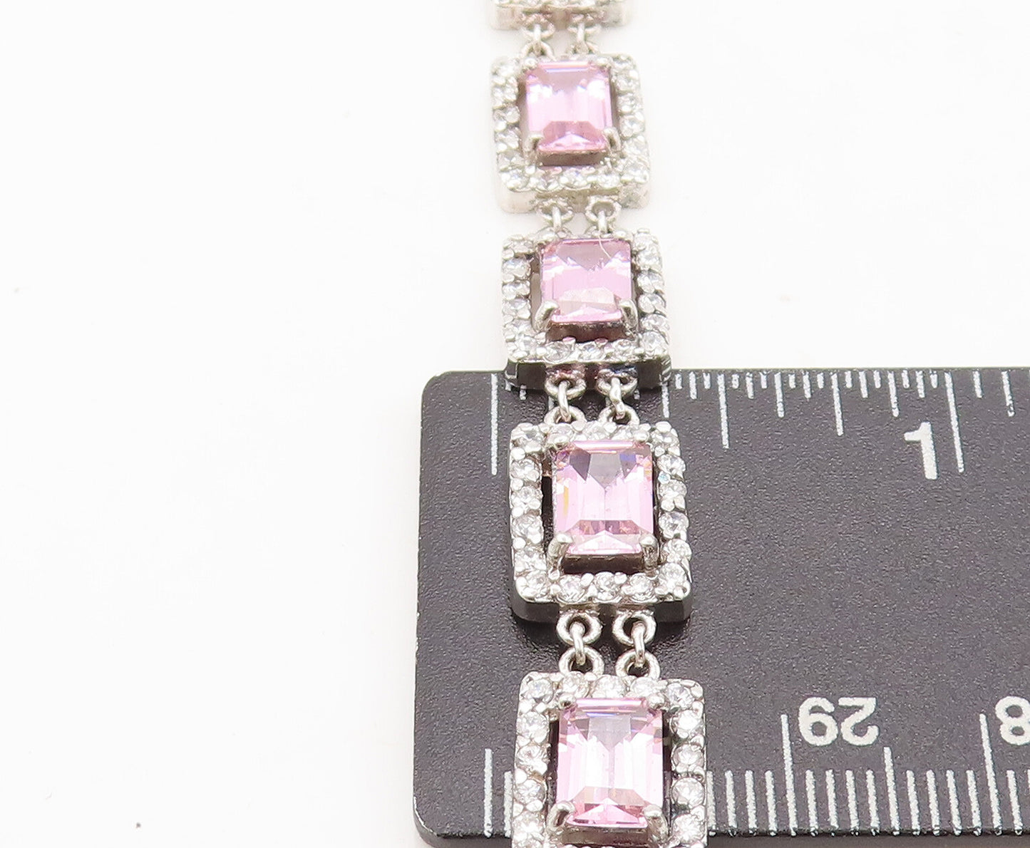 925 Sterling Silver Vintage Bracelet Rectangle Link Pink Halo White CZ  BT10249