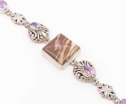 925 Sterling Silver  Vintage Brown Jasper & Amethyst Chain Bracelet  BT3896