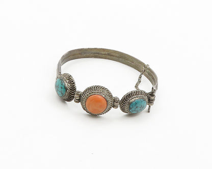 925 Sterling Silver Vintage Turquoise & Rhodochrosite Bangle Bracelet BT7879