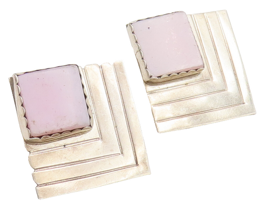 925 Sterling Silver  Vintage Brutalist Square Pink Rhodonite Earrings  EG12526