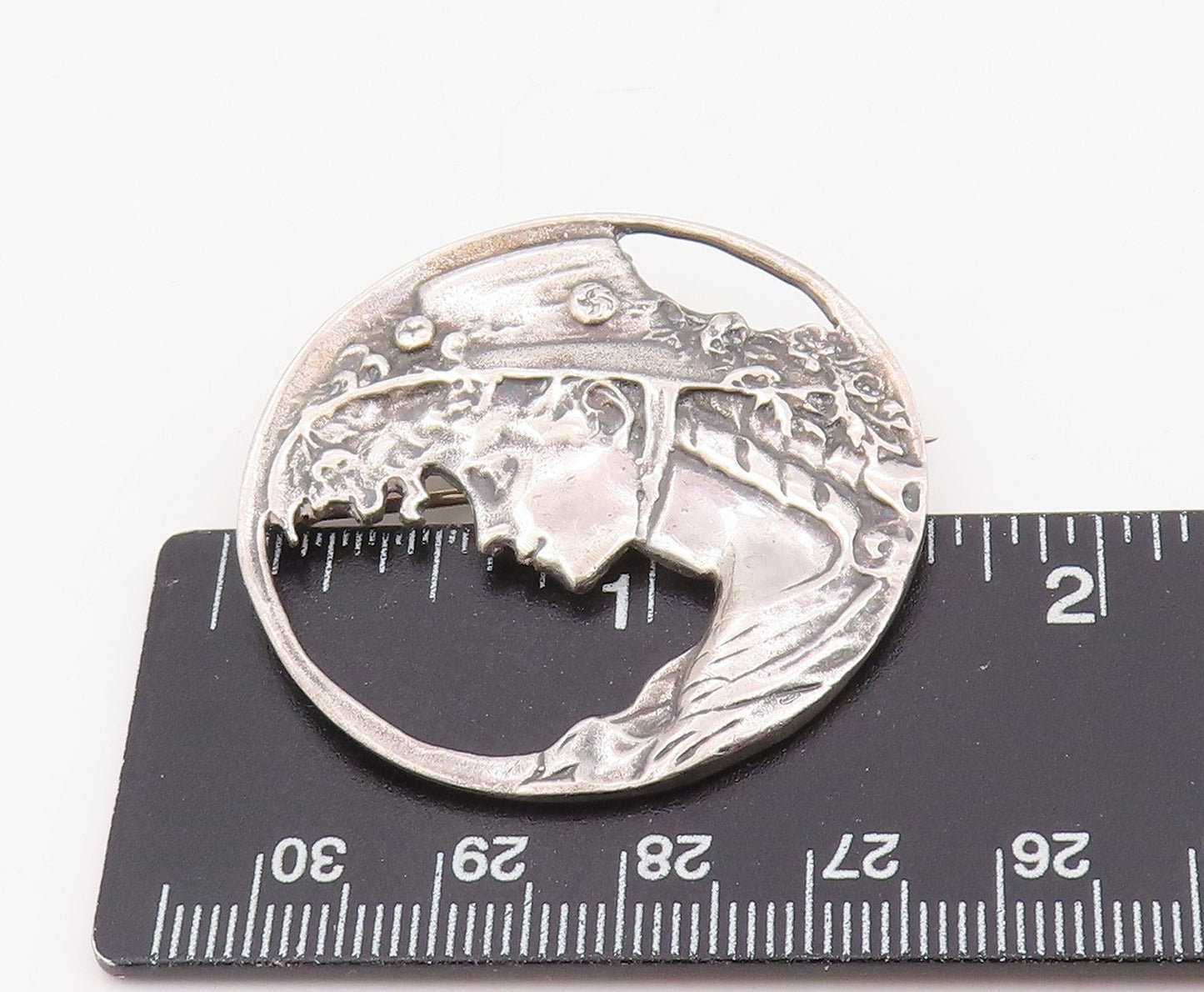 925 Sterling Silver Vintage Brooch Pin Art Nouveau Style Lady Portrait  BP12325