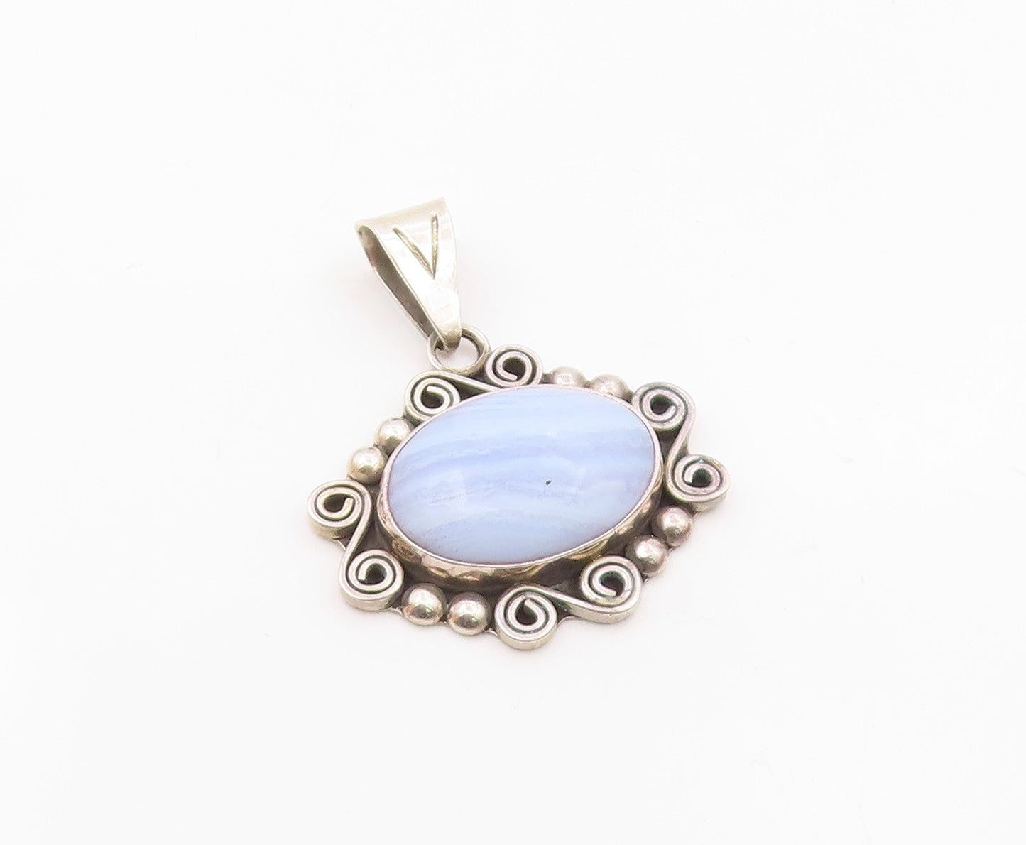 MEXICO 925 Sterling Silver  Vintage Cabochon Blue Agate Swirl Pendant  PT13016