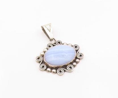 MEXICO 925 Sterling Silver  Vintage Cabochon Blue Agate Swirl Pendant  PT13016