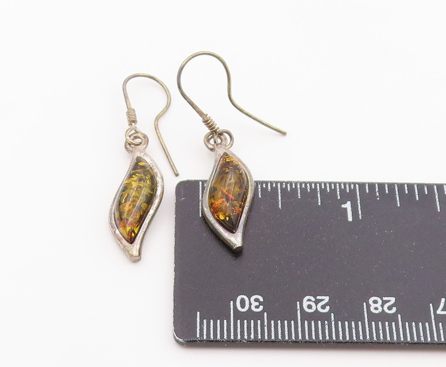 925 Sterling Silver Vintage Earrings Modernist Baltic Amber Dangles  EG14430