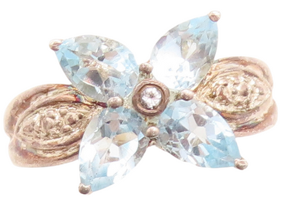 925 Sterling Silver Vintage Ring Drop Cut Blue Topaz Flower  Sz 6  RG31527