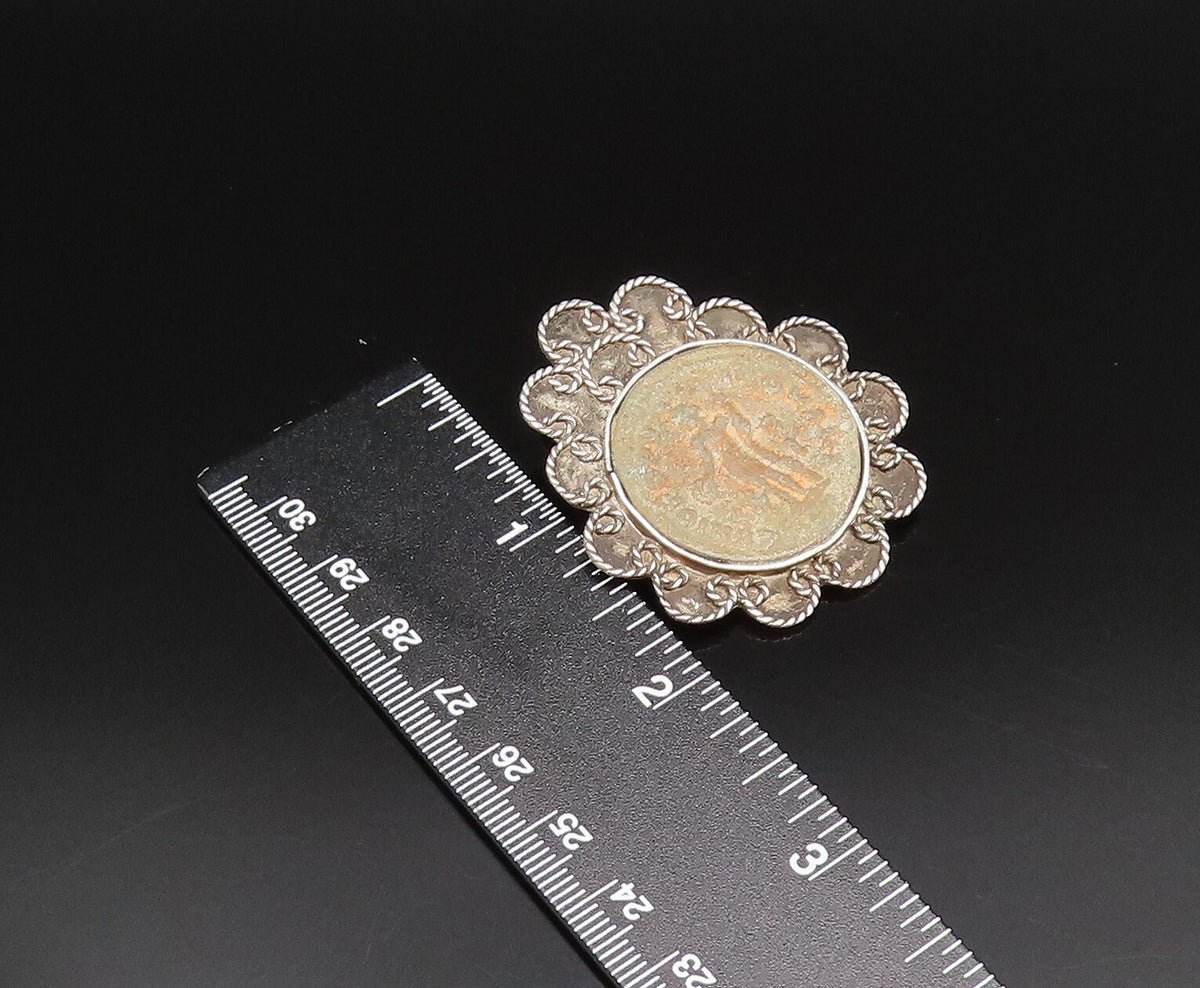 RANA 925 Silver  Vintage Pretzel Twist Edge Carved Center Brooch Pin  BP9862