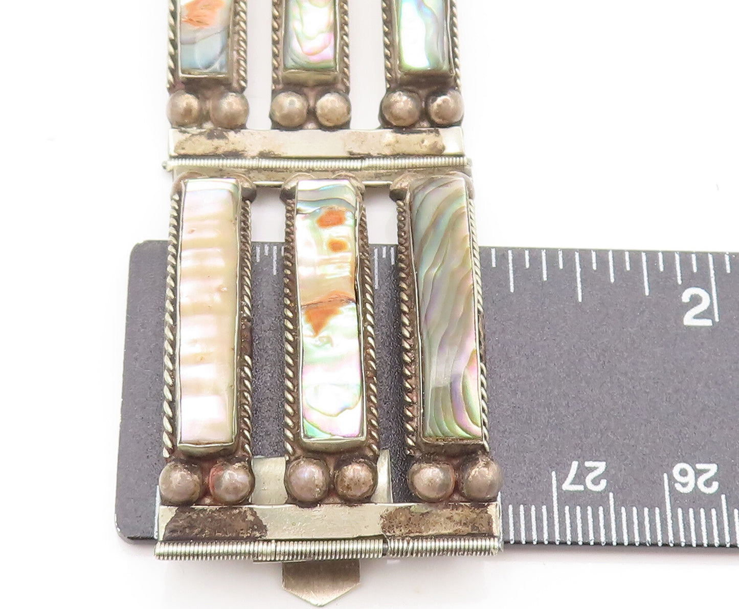 AP MEXICO 925 Silver  Vintage Strip Cut Beaded Abalone Solid Bracelet  BT10113