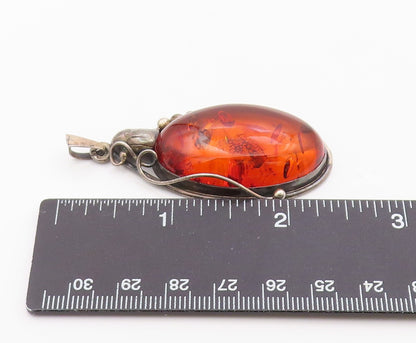 925 Sterling Silver Vintage Pendant POLAND Cabochon Amber Leaf & Berry  PT26354