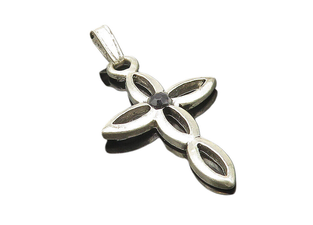 925 Sterling Silver  Vintage Black Hematite Religious Cross Pendant  PT9000