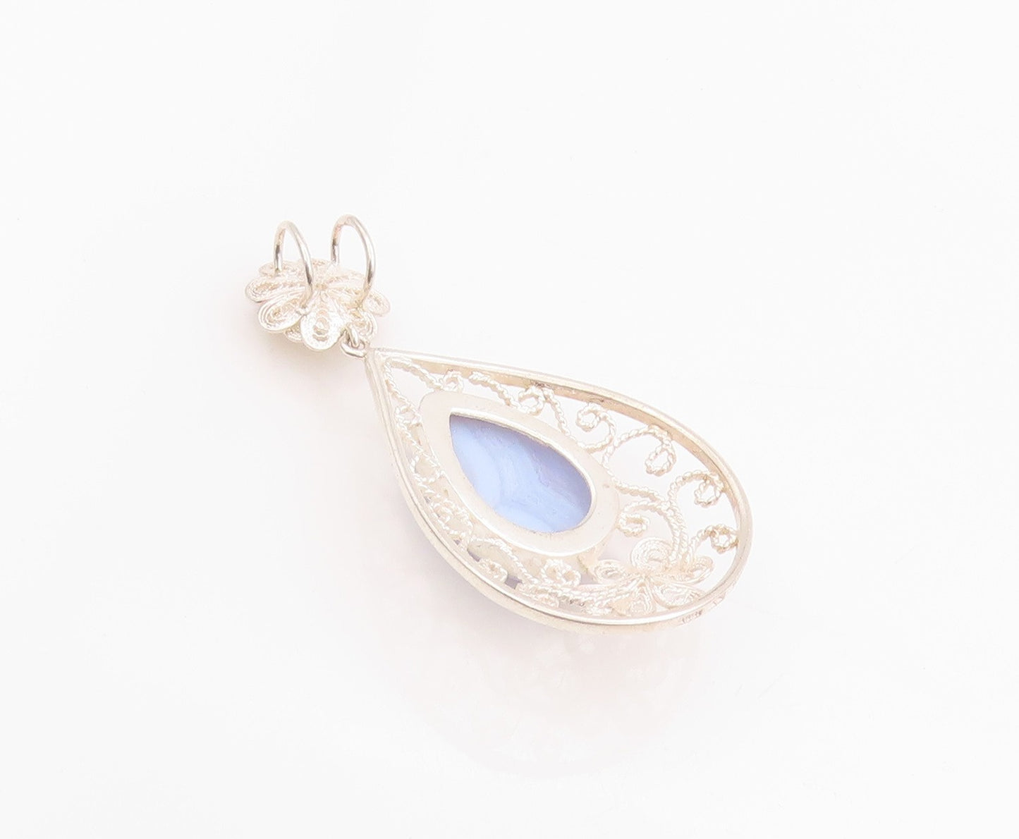 925 Sterling Silver Vintage Pendant Drop Shape Gemstone Swirly Wire Work PT24354