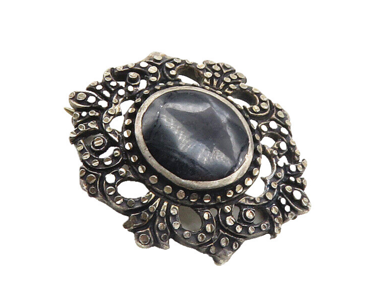 925 Sterling Silver  Vintage Inlaid Black Onyx Floral Brooch Pin  BP3649