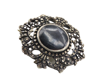 925 Sterling Silver  Vintage Inlaid Black Onyx Floral Brooch Pin  BP3649