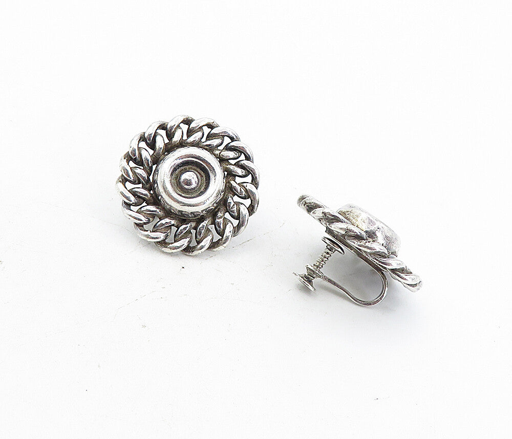 925 Sterling Silver  Vintage Shiny Linked Border Non Pierce Earrings  EG4054