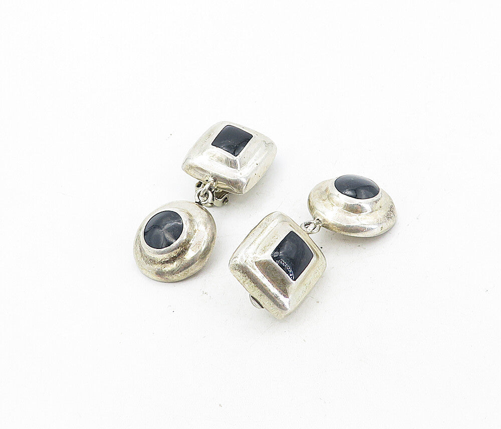 MEXICO 925 Sterling Silver  Vintage Black Onyx Non Pierce Earrings  EG4031