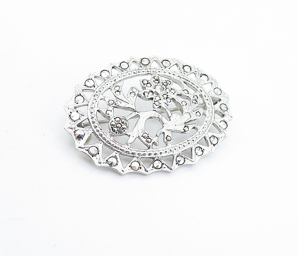 925 Sterling Silver  Vintage Sparkling Floral Designed Oval Brooch Pin  BP2199