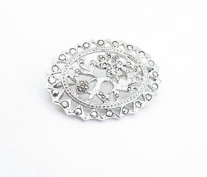 925 Sterling Silver  Vintage Sparkling Floral Designed Oval Brooch Pin  BP2199