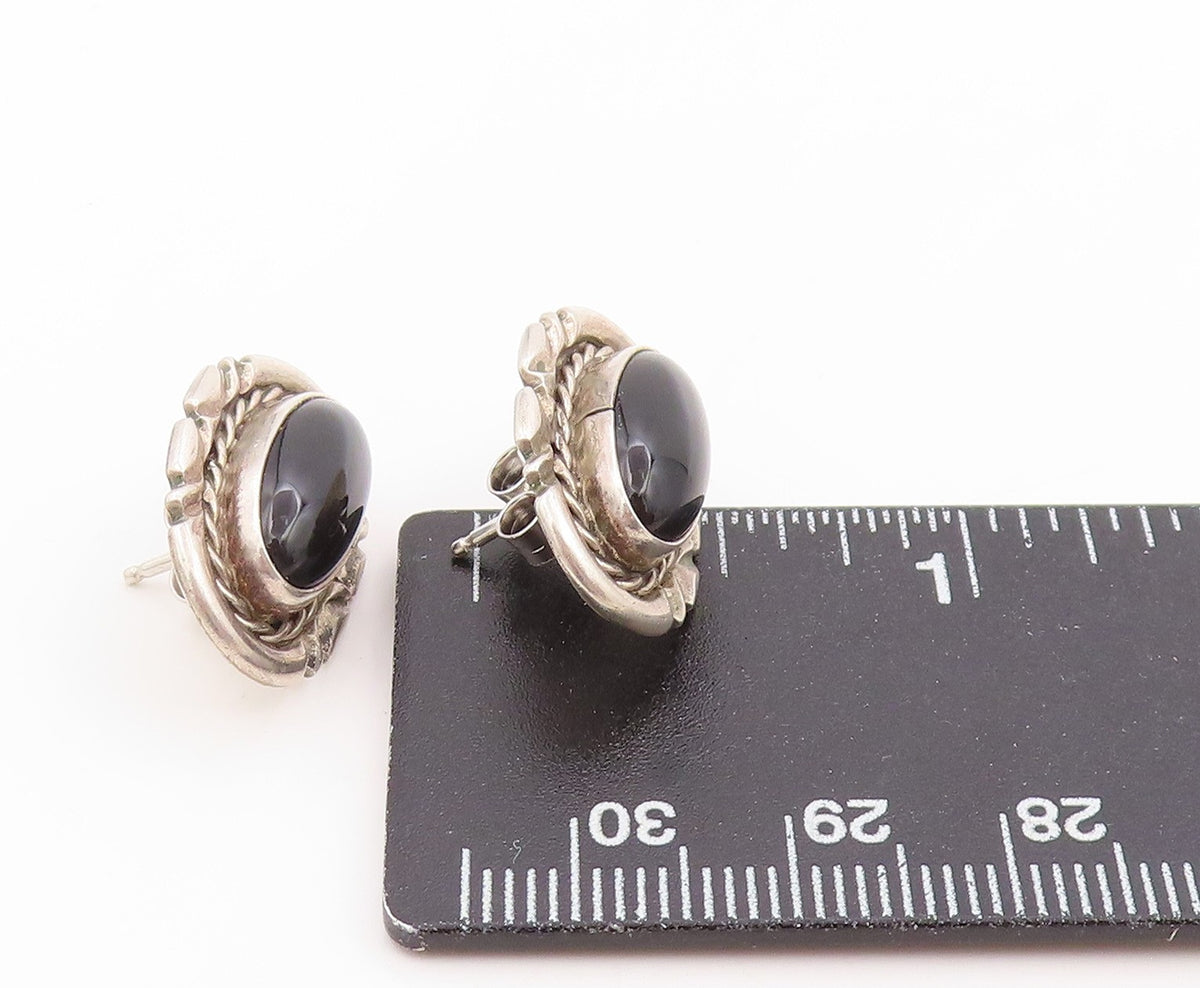 925 Sterling Silver Vintage Earrings NAVAJO Cabochon Onyx Bold Studs  EG14034