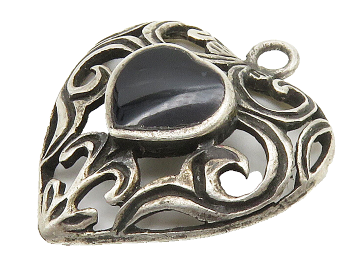 925 Sterling Silver  Vintage Black Onyx Swirl Love Heart Pendant  PT12315