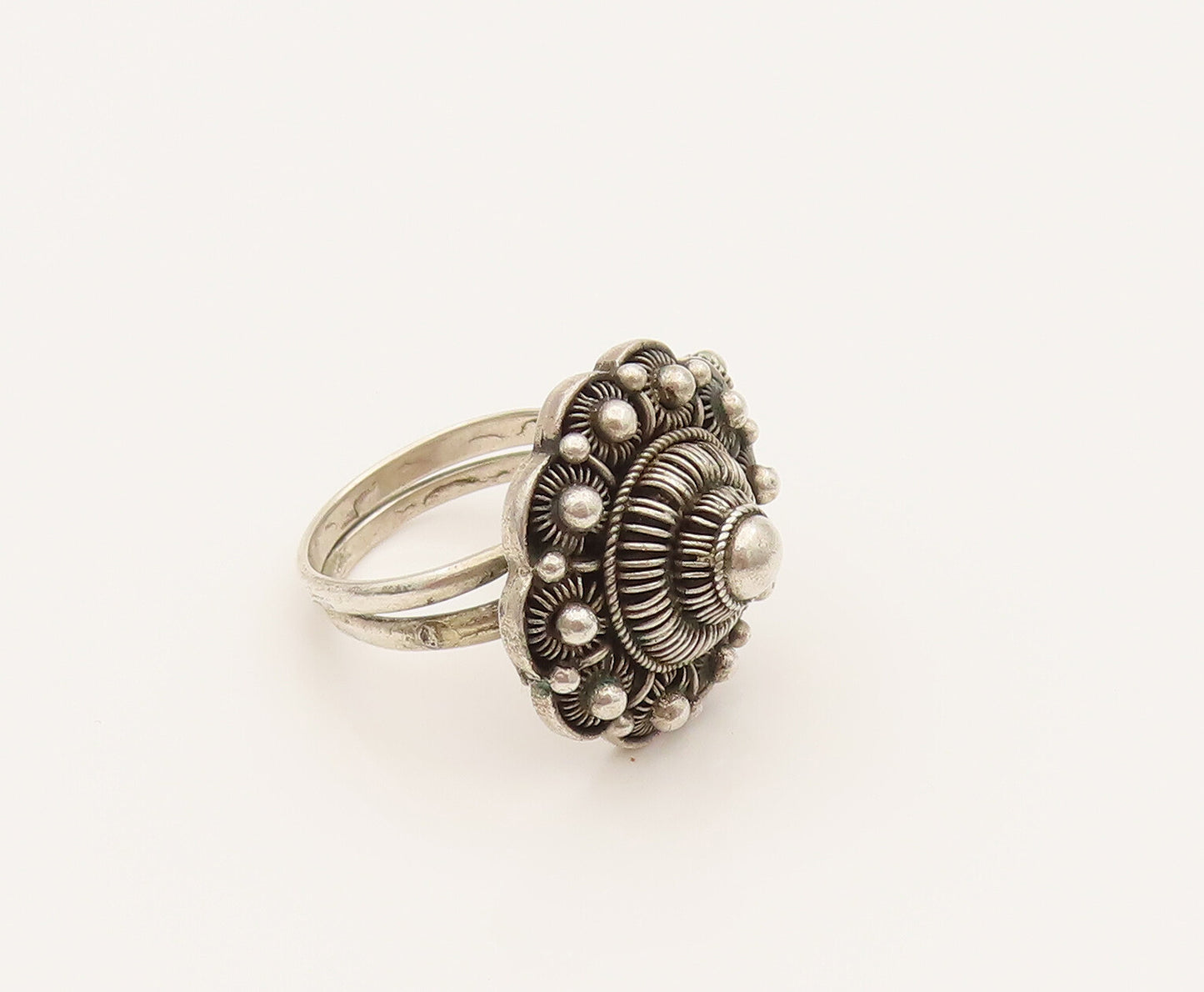925 Sterling Silver Vintage Beaded & Wire Flower Adjustable Ring Sz 6.5  RG26269