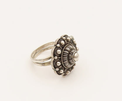 925 Sterling Silver Vintage Beaded & Wire Flower Adjustable Ring Sz 6.5  RG26269